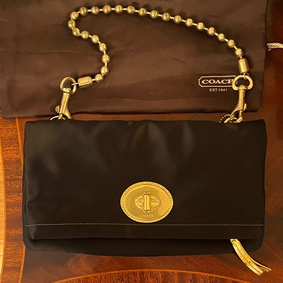 Coach Handbags - Vintage Coach Purse Black and Gold Satin Evening Bag with Chain